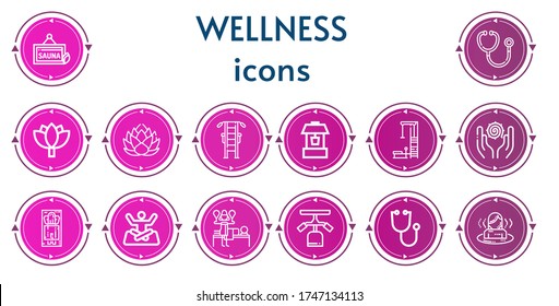 Editable 14 wellness icons for web and mobile. Set of wellness included icons line Sauna, Stethoscope, Lotus, Gym station, Well, Spiritual, Massage, Yoga