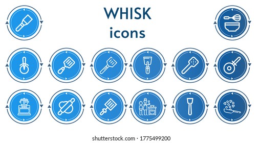 Editable 14 whisk icons for web and mobile. Set of whisk included icons line Spatula, Whisk, Pizza cutter, Slotted spoon, Cooking, Rolling pin