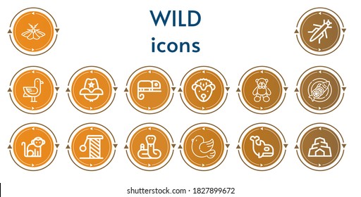 Editable 14 wild icons for web and mobile. Set of wild included icons line Moth, Grasshopper, Seagulls, Cowboy hat, Chameleon, Hedgehog, Bear, Fish, Monkey, Scratching, Snake