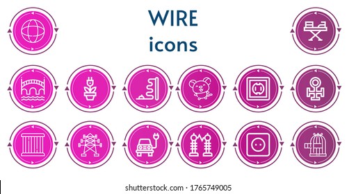 Editable 14 wire icons for web and mobile. Set of wire included icons line Earth grid, Iron, Bridge, Plug, Mouse, Socket, Copper, Cage, Electric tower, Electric, Electricity