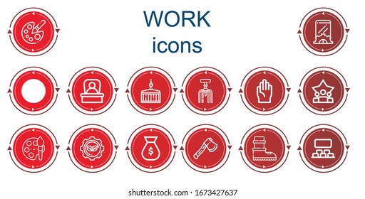 Editable 14 work icons for web and mobile. Set of work included icons line Color palette, Setup, Shovel, Boss, Crane, Chair, Gloves, Teamwork, Paint, Settings, Money bag, Axe