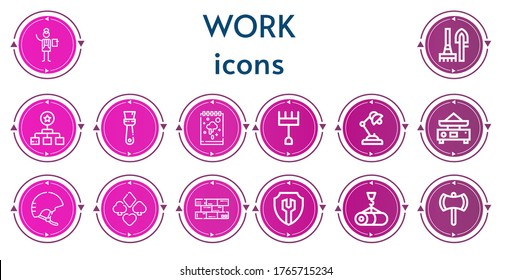 Editable 14 work icons for web and mobile. Set of work included icons line Manager, Tools, Hierarchy, Brush, Sketchbook, Rake, Desk lamp, Balance, Helmet, Suit, Bricks, Settings