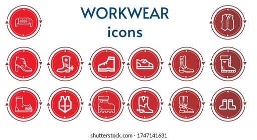 Editable 14 workwear icons for web and mobile. Set of workwear included icons line Safety mask, Vest, Boot, Boots