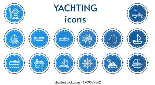 Editable 14 yachting icons for web and mobile. Set of yachting included icons line Boat, Sailing boat, Rudder, Cruise, Ship wheel