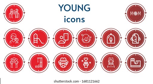 Editable 14 young icons for web and mobile. Set of young included icons line Couple, Mom, Mother, Playground, Selfie, Girl, Plant, Gym station, Heisenberg, Boy, Skate park