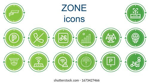Editable 14 zone icons for web and mobile. Set of zone included icons line Cctv, Wifi, Parking, No calls, Biohazard, Parking meter