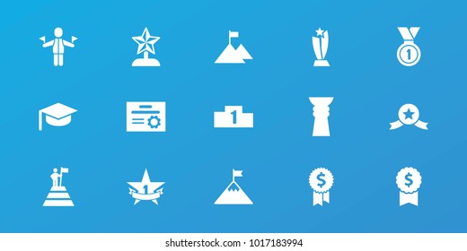 Editable 15 achievement icons: dollar award, graduation hat, medal, 1st place star, ranking, trophy, star trophy, man at the top of the mountain with flag, flag on mountain