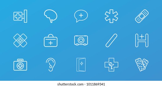 Editable 15 aid icons: first aid, case with heart, medical cross, bandage, medical sign, hospital, doctor, pharmacy