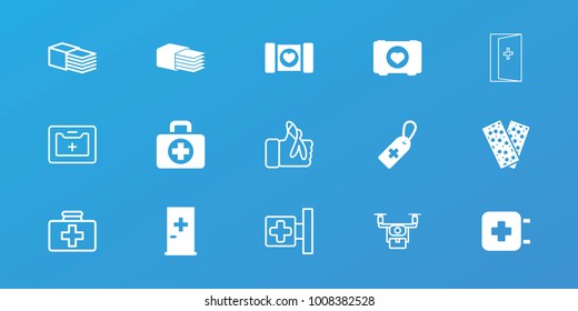 Editable 15 aid icons: aid post, case with heart, medical cross tag, bandage, medical cross