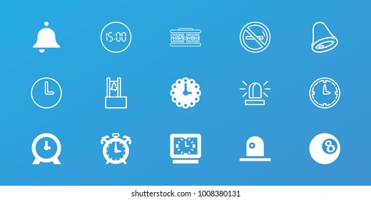 Editable 15 alarm icons: clock, wall clock, alarm, no smoking, siren, digital clock, bell