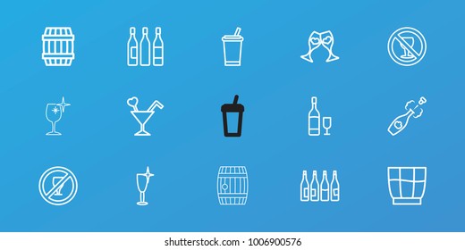 Editable 15 alcohol icons: bottle, barrel, clean wine glass, drink, no drink, no alcohol, clink glasses, cocktail, wine glass, champagne