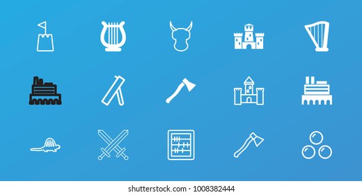 Editable 15 ancient icons: castle, harp, axe weapon, abacus, helmet, castle tower, dinosaur, canon ball, cannon