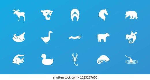 Editable 15 animal icons: cow, chicken, moose, fish, bear, horse, goose, chameleon, duck, fishing, hippopotamus, panther, scorpion