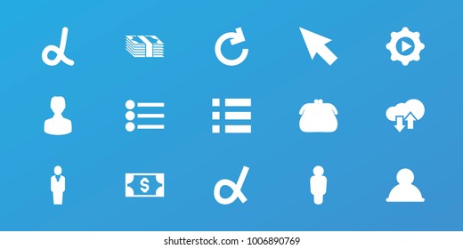 Editable 15 app icons: pointer, purse, alpha, user, menu, play in gear, reload, download upload cloud