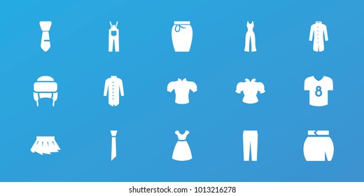 Editable 15 apparel icons: dress, blouse, pants, skirt, winter hat, jacket, tie, football t shirt