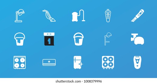 Editable 15 appliance icons: electric razor, bucket, cooker, vacuum cleaner, clean fridge, meat grinder, salon hair dryer, remote control, air conditioner