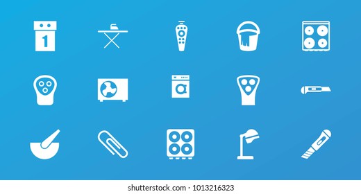 Editable 15 appliance icons: salon hair dryer, electric razor, bucket, cooker, washing machine on sale, cutter, remote control, air conditioner, ironing table, washing machine