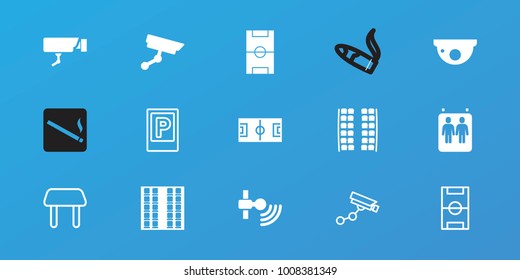 Editable 15 area icons: plane seats, football pitch, signal, security camera, parking, table, security camera, elevator, smoking area