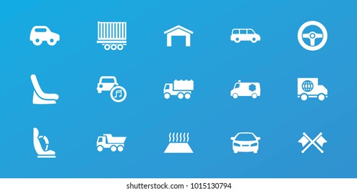 Editable 15 auto icons: garage, toy car, baby seat in car, car, truck, crossed flags, wheel