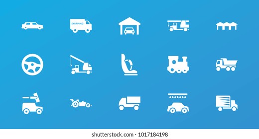 Editable 15 automobile icons: train toy, car wash, truck, wheel, shipping truck, garage, car, baby seat in car