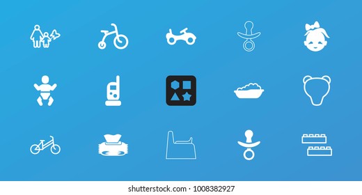 Editable 15 baby icons: baby monitor phone, child bicycle, bike, child building kit, mother and son, bear, pacifier