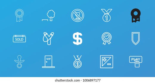 Editable 15 badge icons: dollar, finger pressing play button, sligshot, tree and bench, medal, no alcohol, heart ribbon, light exposure, sold tag, vip door, shield