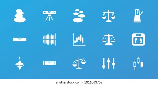Editable 15 balance icons: level ruler, spa stones, floor scales, adjust, spa stone, scales, control panel, equalizer, pendulum, whirligig