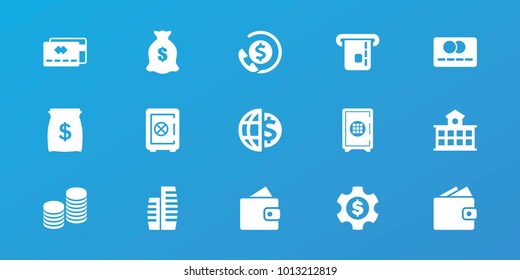 Editable 15 bank icons: wallet, safe, money sack, credit card, building, coin, dollar gear, globe dollar, bank support