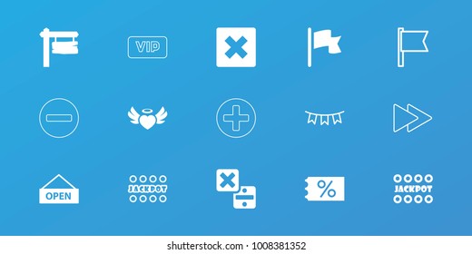 Editable 15 banner icons: jackpot, ticket on sale, cancel, direction board, heart angel wings, flag, open plate, fast forward, party flag, vip, plus