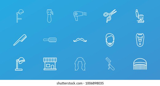 Editable 15 barber icons: comb, mustache, barber scissors, salon hair dryer, beauty salon, barber chair, man hairstyle, electric razor, hair dryer, bllade razor, hair brush