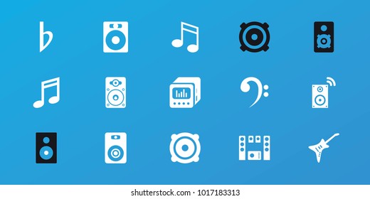 Editable 15 bass icons: music note, speaker, loudspeaker, guitar, loud speaker with equalizer, music loudspeaker, bass clef, loud speaker set