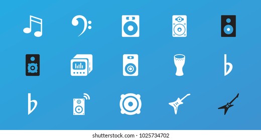 Editable 15 bass icons: speaker, loudspeaker, guitar, loud speaker with equalizer, bemol, drum, music loudspeaker, music note