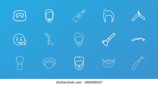 Editable 15 beard icons: man hairstyle, bllade razor, razor, shaving brush