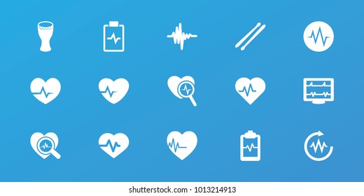 Editable 15 beat icons: heartbeat, heartbeat clipboard, heartbeat search, drum stick, music equalizer