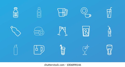 Editable 15 beverage icons: dish, drink, tea cup, milk, wine glass, soda bottle, decanted, bottle, no fast food, cleanser