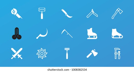 Editable 15 blade icons: axe, electric saw, ice skate, scythe, bllade razor, chainsaw, saw, razor, ice skating, sword, scissors