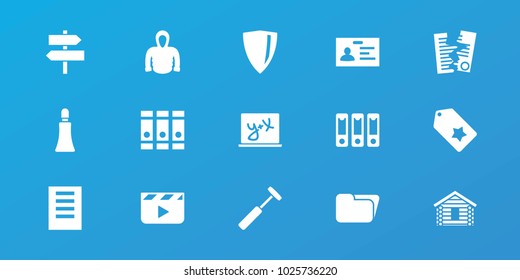 Editable 15 blank icons: cream tube, hoodie, badge, binder, clapper board, folder, document, shield, wooden wall, paper, tag, blackboard x+y, direction