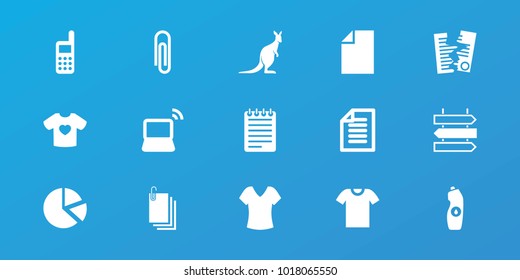 Editable 15 blank icons: kangaroo, shirt, paper clip, water bottle, t-shirt with heart, laptop, paper, phone, t-shirt, direction   isolated, pie chart
