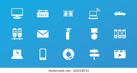 Editable 15 blank icons: spray bottle, mail, clapper board, pie chart, binder, phone, photos on rope, sale tag, car, medal, laptop, direction