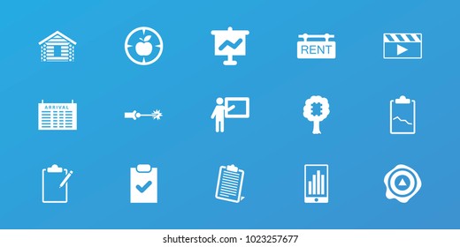 Editable 15 board icons: arrival table, teacher, graph on board, cpu in tree, arrow up, checklist, rent tag, electric circuit, wooden wall, clipboard, clipboard with chart