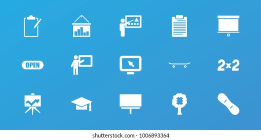 Editable 15 board icons: graduation cap, board, teacher, cpu in tree, display pointer, open, skateboard, snow board, blackboard