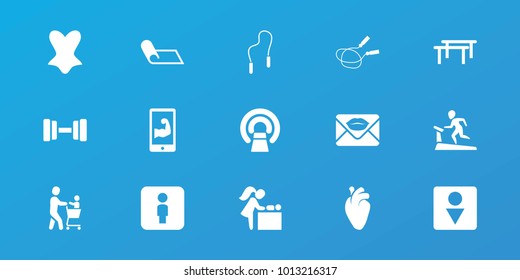 Editable 15 body icons: jump rope, male wc, corset, horizontal bar, mri, heart organ, skipping rope, muscular arm  on phone, baby changing room, treadmill, barbell, carpet
