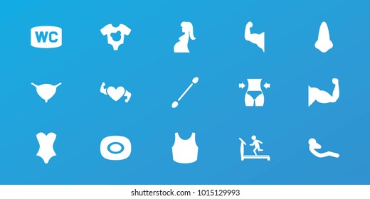 Editable 15 body icons: soap, nose, treadmill, cotton buds, muscle, bladder, abdoninal workout, baby onesie, slim, wc, corset, sport bra, heart with muscles