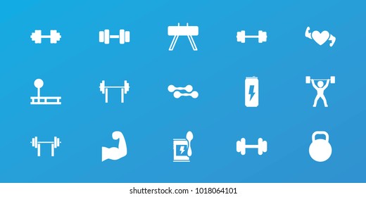 Editable 15 bodybuilding icons: barbell, fintess equipment, kettle, muscular arm, power lifter, barbell   isolated, dumbbell, protein powder