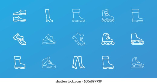Editable 15 boot icons: boot, woman boot, man shoe, woman boots, ice skate, skate rollers