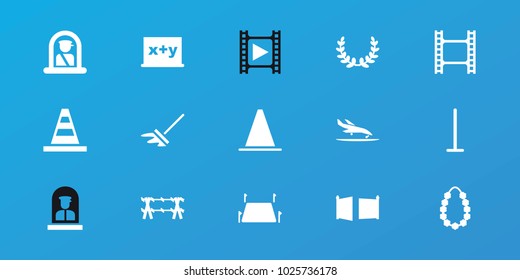 Editable 15 border icons: airport officer, mop, cone, blackboard x+y, garland, land territory, gate, olive wreath, wire fence, plane landing