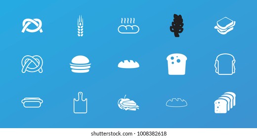 Editable 15 bread icons: bread, burger, sandwich, sandwich and apple, pretzel, hot dog, chopping board