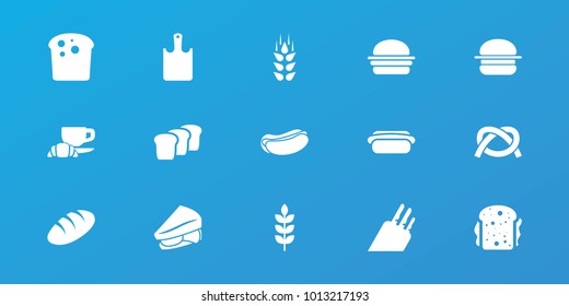 Editable 15 bread icons: wheat, bread, hot dog, sandwich, chopping board, knife, burger, pretzel