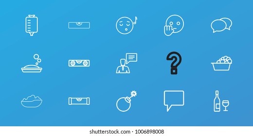 Editable 15 bubble icons: level ruler, explosion, chat, soap, laundry, emoji listening music, bye emot, drop counter, man with chat bubblle, wine glass and bottle, baby bath