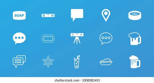 Editable 15 bubble icons: soap, level ruler, chat, beer mug, location, jacuzzi, baby bath, soda, soap
